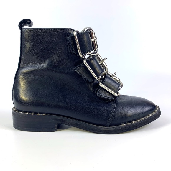 Steve Madden Recharge Leather Boots Womens Sz 6 Black Buckle Moto Studded Bootie - Picture 8 of 16